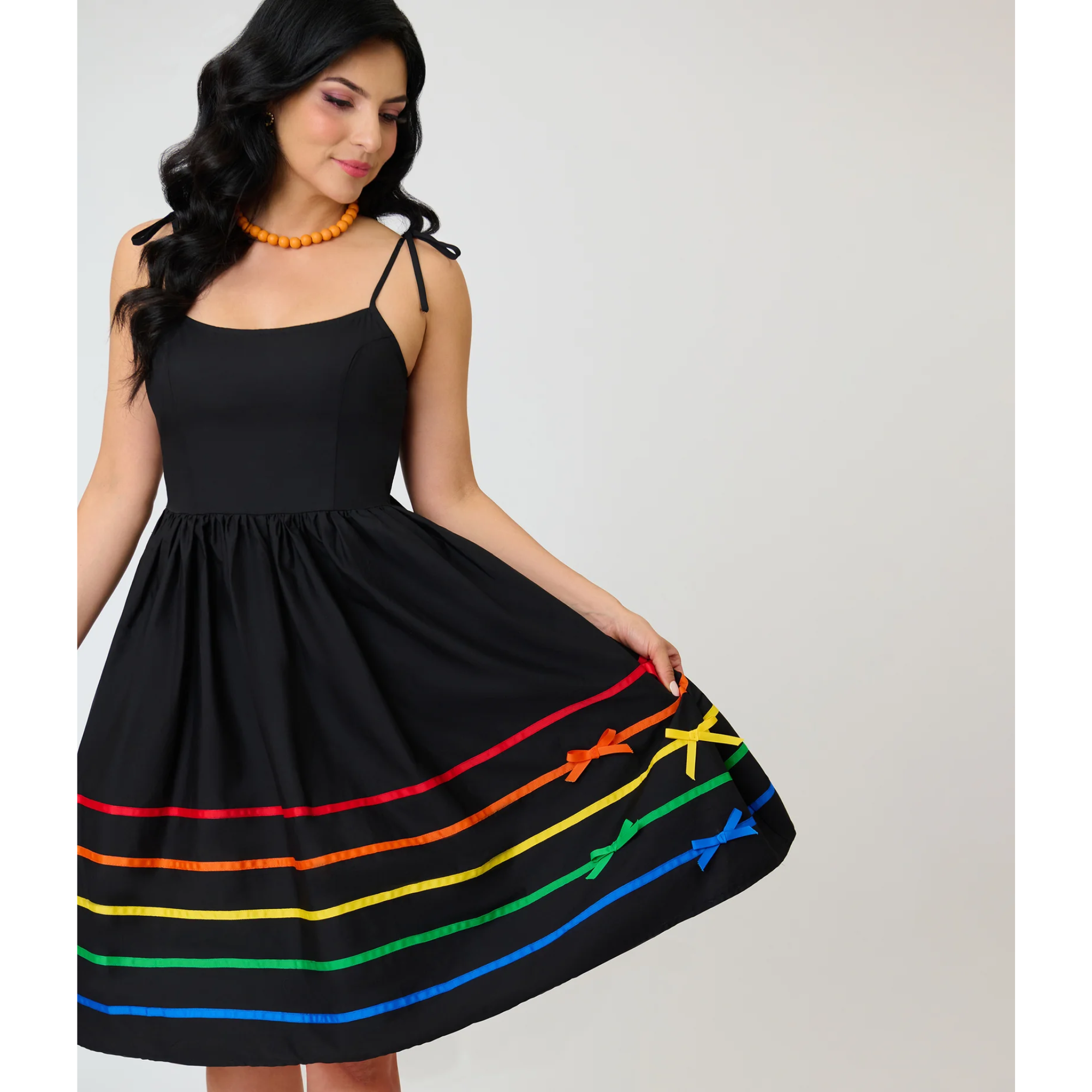 black dress rainbow Unique Vintage Plus Size Black Rainbow Wrap Midi Dress