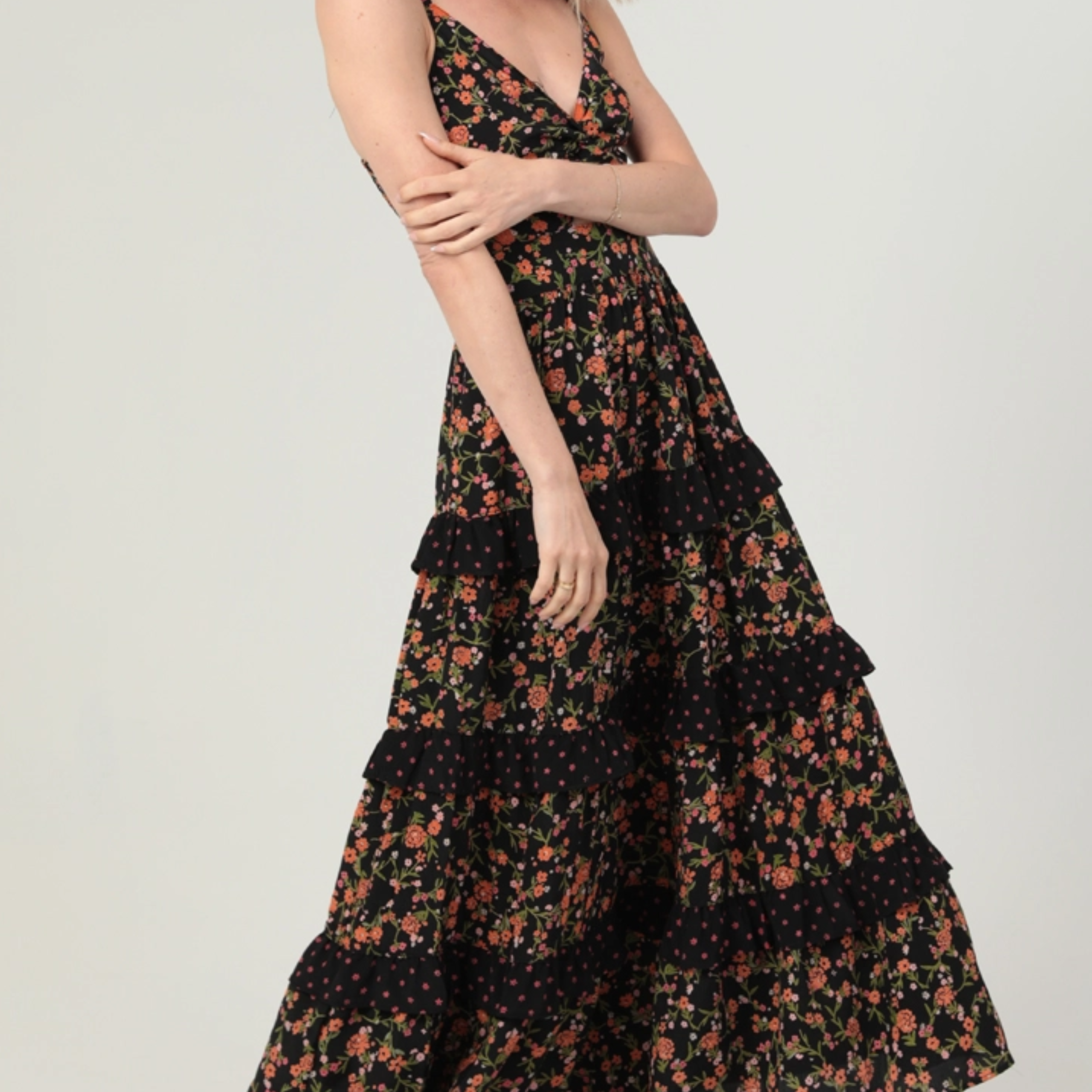 ★Cest Moidew★ Cest_Layered ruffle camisole dress Vesper thigh split frill detail satin cami maxi dress in