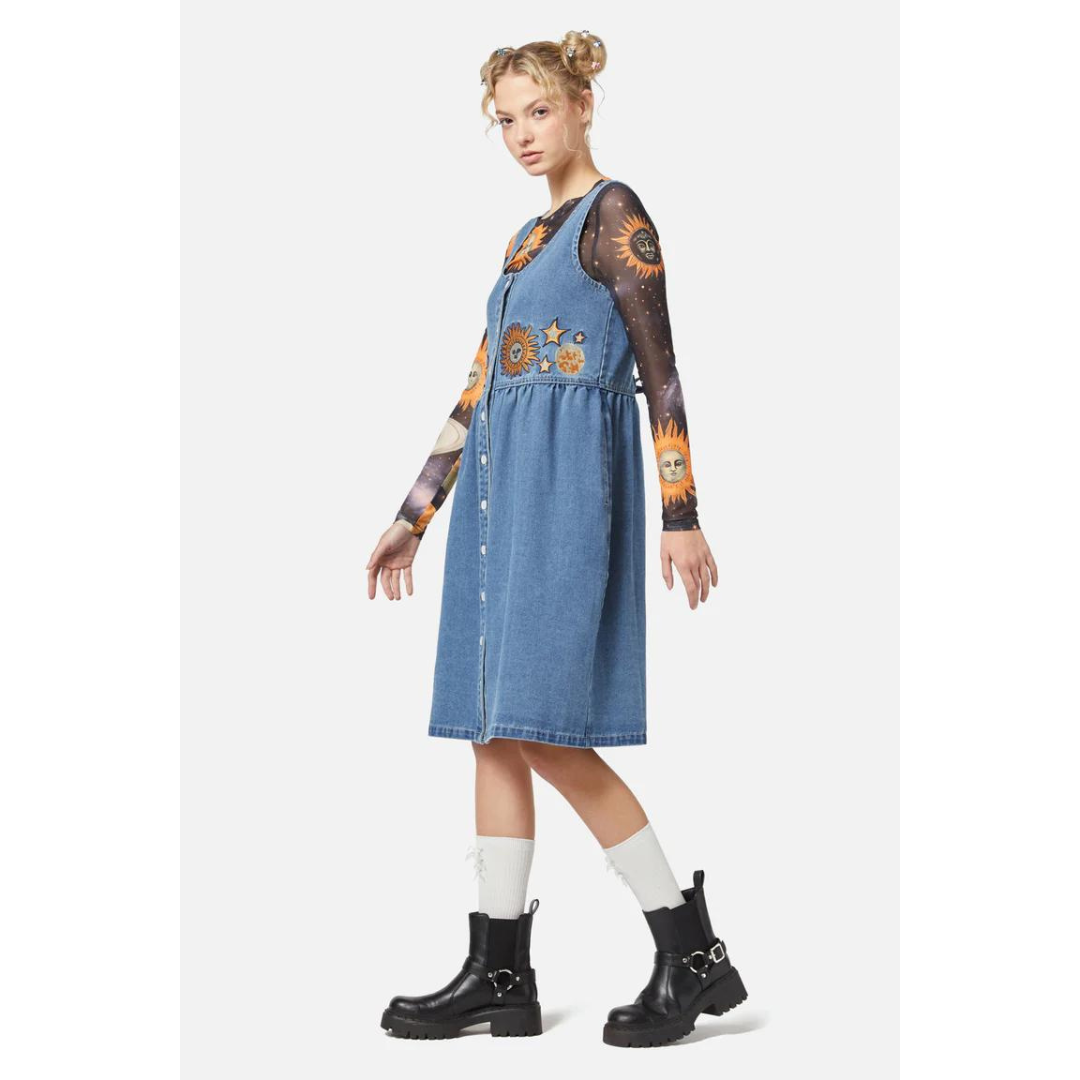 Dangerfield Celestial Embroidered Denim Pinafore Dress Sidecca